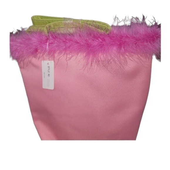 Pink fuzzy boa accent around top Long strap Green & pink purse - Picture 1 of 16